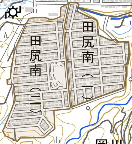 田尻南とその周辺の地図。町の範囲を重ねている