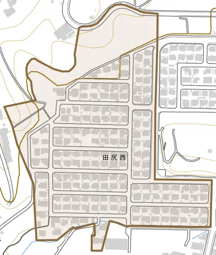 田尻西とその周辺の地図。町の範囲を重ねている