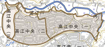 高江中央とその周辺の地図。町の範囲を重ねている