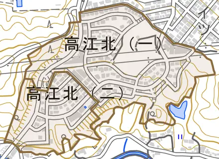 高江北とその周辺の地図。町の範囲を重ねている