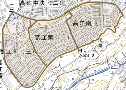 高江南とその周辺の地図。町の範囲を重ねている