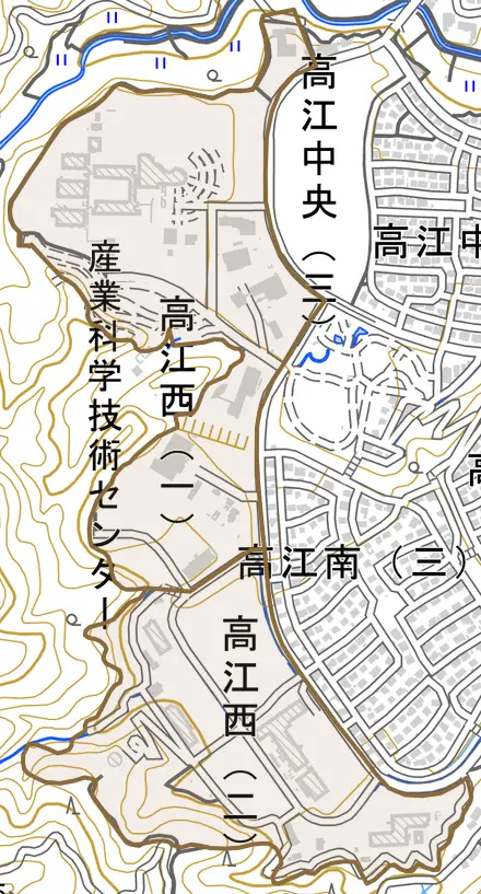 高江西とその周辺の地図。町の範囲を重ねている