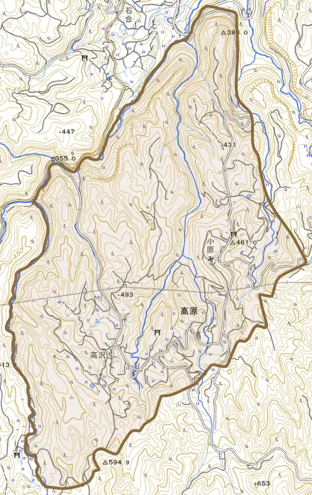 大字高原とその周辺の地図。町の範囲を重ねている