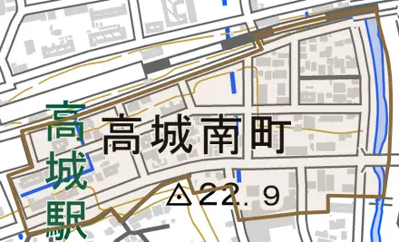 高城南町とその周辺の地図。町の範囲を重ねている
