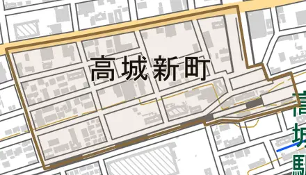 高城新町とその周辺の地図。町の範囲を重ねている