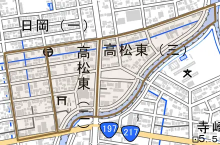 高松東とその周辺の地図。町の範囲を重ねている
