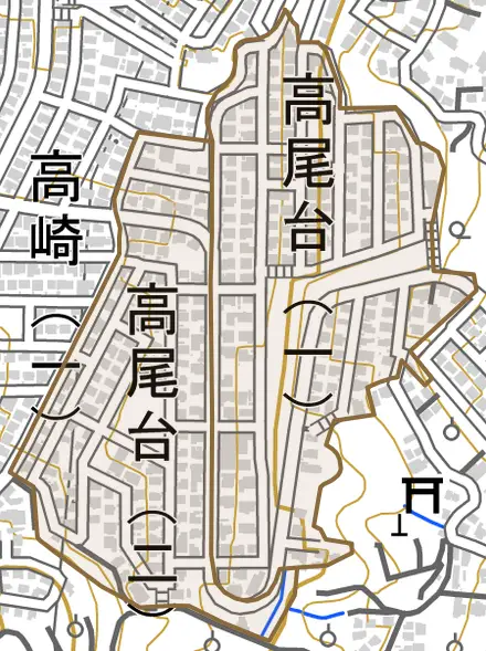 高尾台とその周辺の地図。町の範囲を重ねている