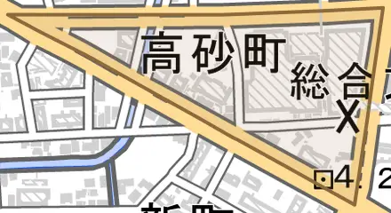 高砂町とその周辺の地図。町の範囲を重ねている