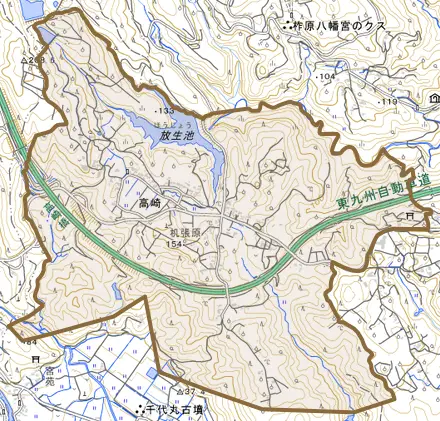 大字高崎とその周辺の地図。町の範囲を重ねている