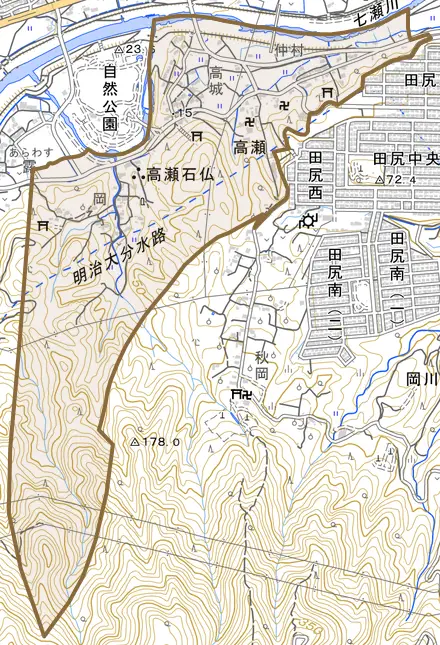 大字高瀬とその周辺の地図。町の範囲を重ねている