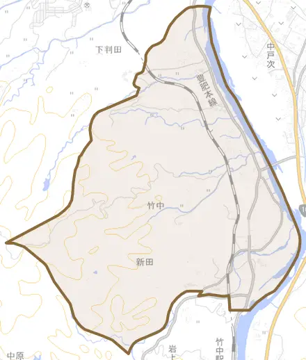 大字竹中とその周辺の地図。町の範囲を重ねている