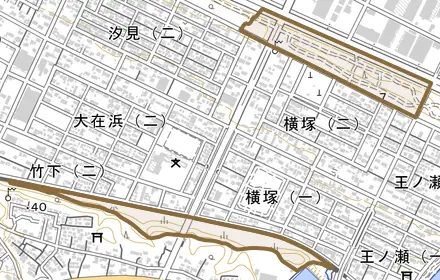 大字竹下とその周辺の地図。町の範囲を重ねている