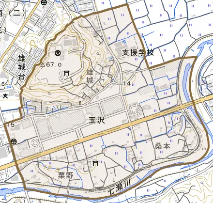大字玉沢とその周辺の地図。町の範囲を重ねている