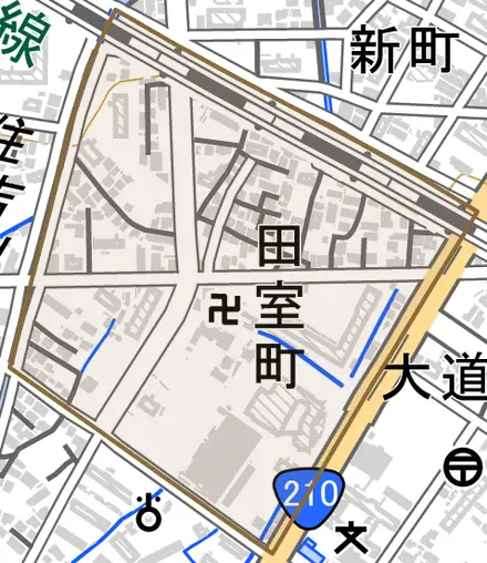 田室町とその周辺の地図。町の範囲を重ねている