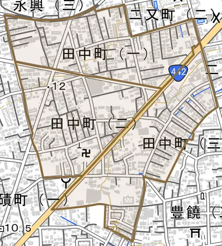 田中町とその周辺の地図。町の範囲を重ねている