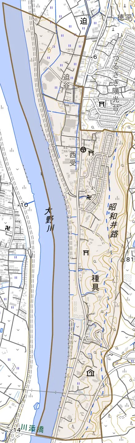 大字種具とその周辺の地図。町の範囲を重ねている