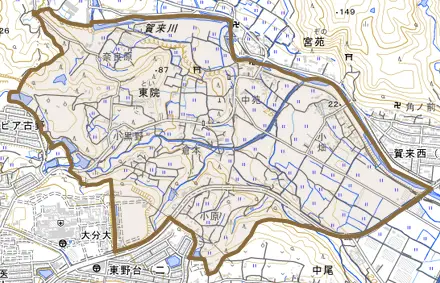 大字東院とその周辺の地図。町の範囲を重ねている