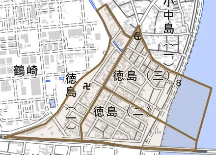 徳島とその周辺の地図。町の範囲を重ねている