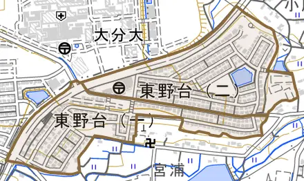 東野台とその周辺の地図。町の範囲を重ねている
