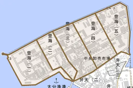 豊海とその周辺の地図。町の範囲を重ねている