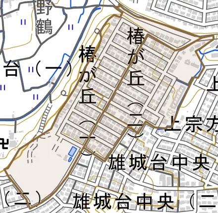 椿が丘とその周辺の地図。町の範囲を重ねている