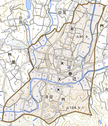 大字辻とその周辺の地図。町の範囲を重ねている