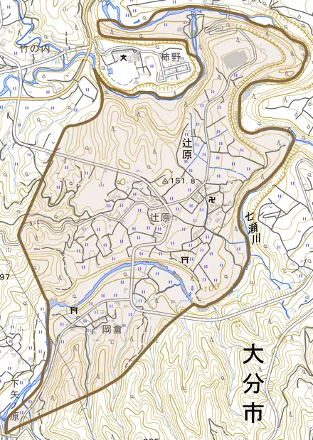 大字辻原とその周辺の地図。町の範囲を重ねている