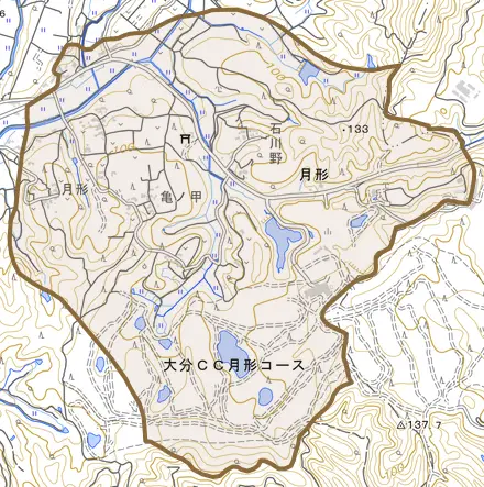 大字月形とその周辺の地図。町の範囲を重ねている
