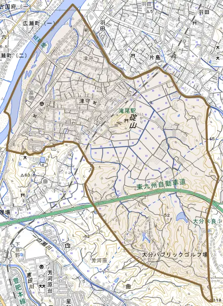 大字津守とその周辺の地図。町の範囲を重ねている