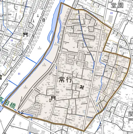 大字常行とその周辺の地図。町の範囲を重ねている