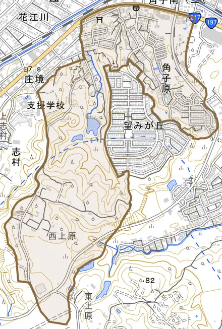 大字角子原とその周辺の地図。町の範囲を重ねている