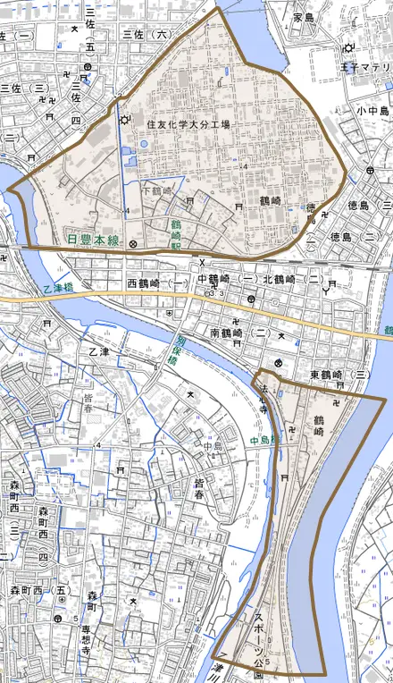 大字鶴崎とその周辺の地図。町の範囲を重ねている