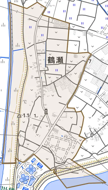 大字鶴瀬とその周辺の地図。町の範囲を重ねている