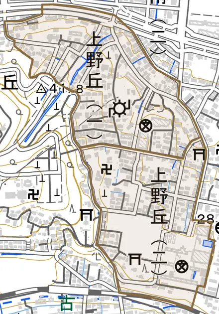 上野丘とその周辺の地図。町の範囲を重ねている