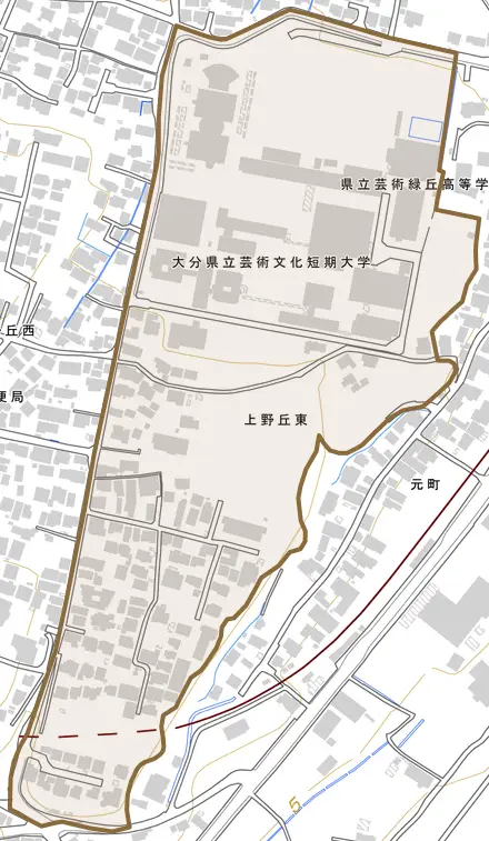 上野丘東とその周辺の地図。町の範囲を重ねている