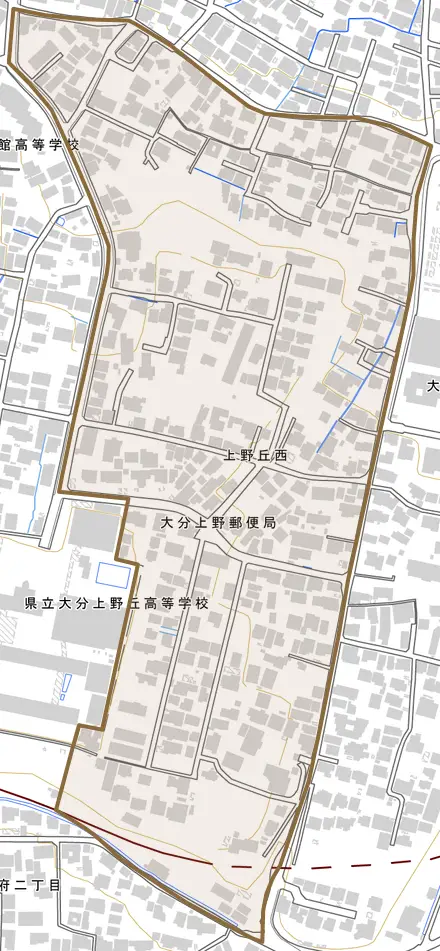 上野丘西とその周辺の地図。町の範囲を重ねている