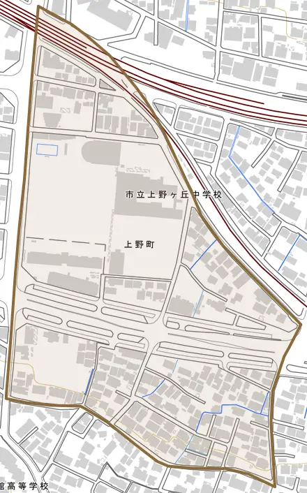 上野町とその周辺の地図。町の範囲を重ねている