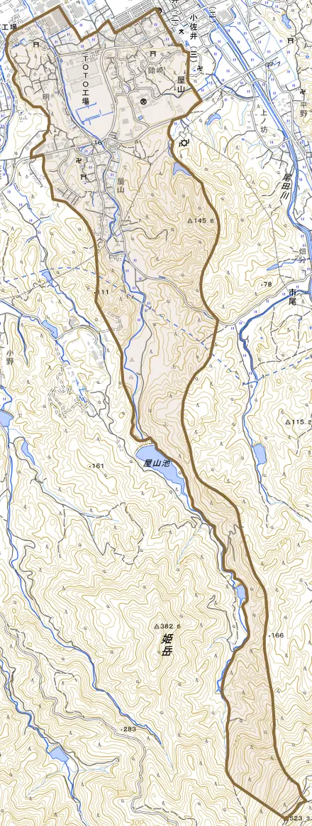 大字屋山とその周辺の地図。町の範囲を重ねている