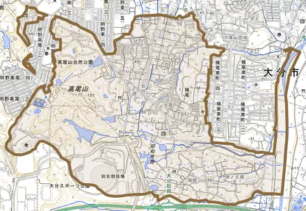 大字横尾とその周辺の地図。町の範囲を重ねている