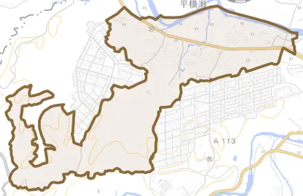 大字横瀬とその周辺の地図。町の範囲を重ねている