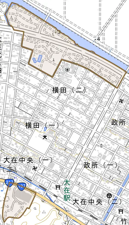大字横田とその周辺の地図。町の範囲を重ねている