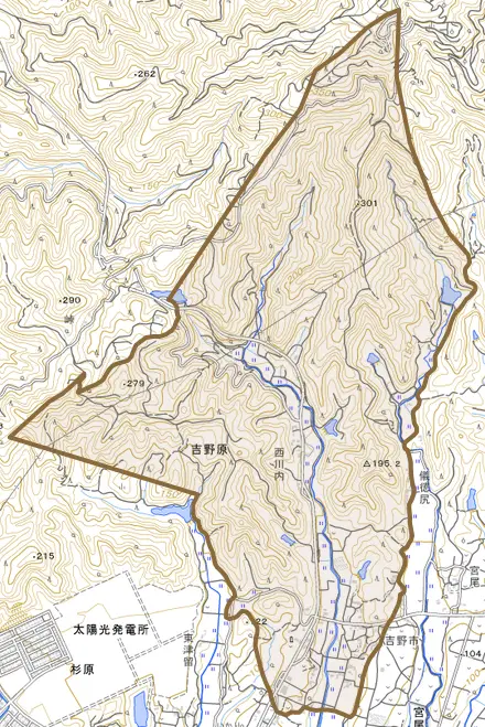 大字吉野原とその周辺の地図。町の範囲を重ねている