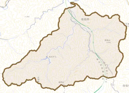大字青山とその周辺の地図。町の範囲を重ねている