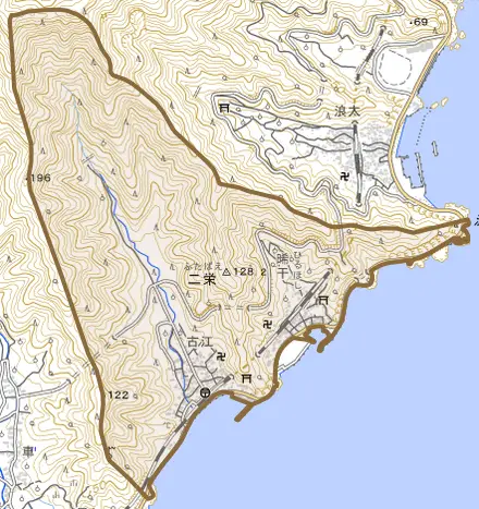 大字二栄とその周辺の地図。町の範囲を重ねている