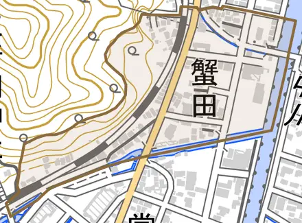 蟹田とその周辺の地図。町の範囲を重ねている
