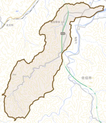大字長谷とその周辺の地図。町の範囲を重ねている