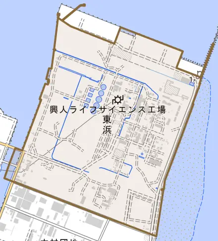 東浜とその周辺の地図。町の範囲を重ねている
