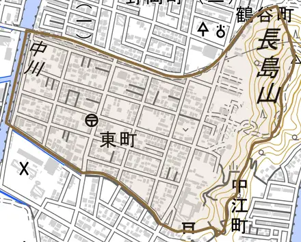 東町とその周辺の地図。町の範囲を重ねている