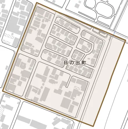 日の出町とその周辺の地図。町の範囲を重ねている