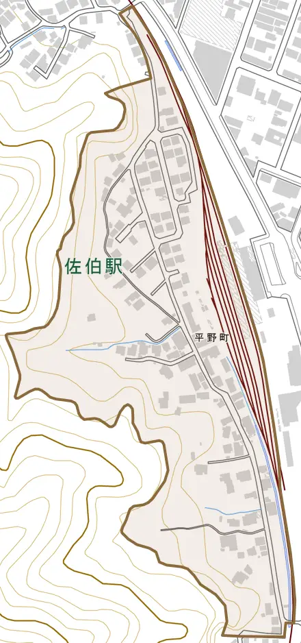 平野町とその周辺の地図。町の範囲を重ねている